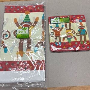 Sock Monkey Eco-Friendly Paper Tablecloth Napkins Birthday Party Supplies Retro